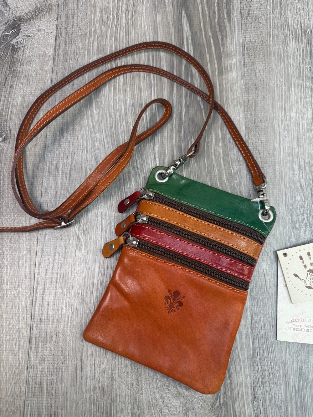 Multi-Color Leather Crossbody Bag - Brown, Green & Red